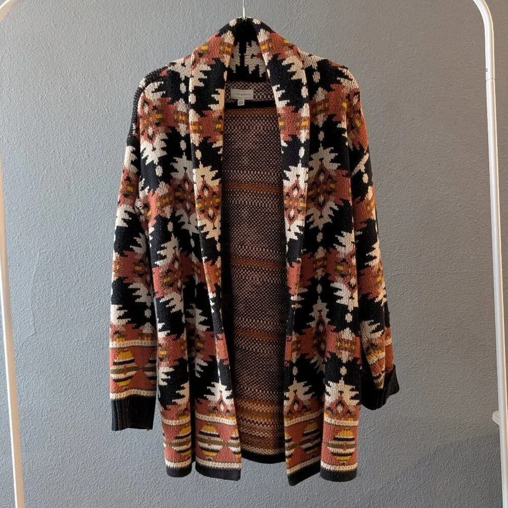 Lucky Brand Aztec Southwestern Open Front Shawl Collar Sweater Sz M - Picture 1 of 6